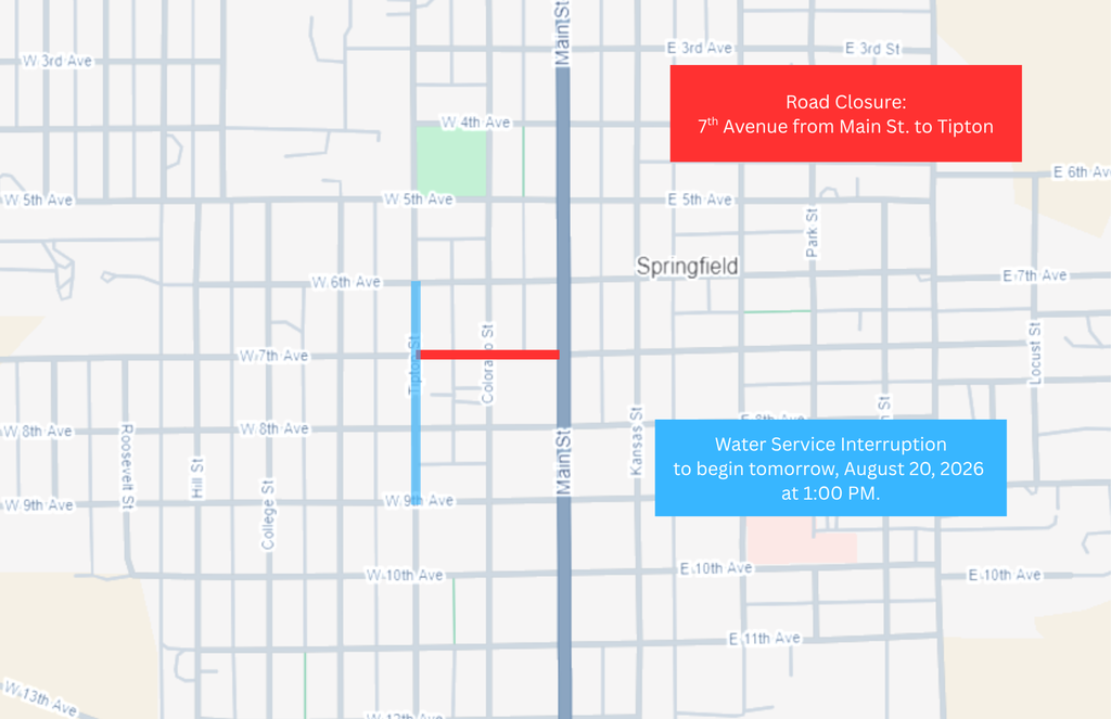 Map of Springfield showing the area affected by a water service interruption, marked in blue along Tipton Street from W. 6th Avenue to W. 9th Avenue, then east to Main Street. The interruption is scheduled to begin Tuesday, August 25, 2026, at 1:00 p.m.