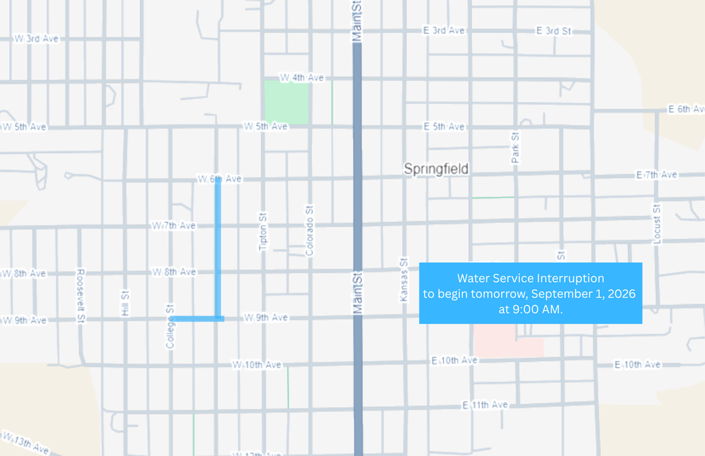 Map of routes affected by water service interruption, highlighted in blue, for Sept. 1, 2026 beginning at 9:00 am