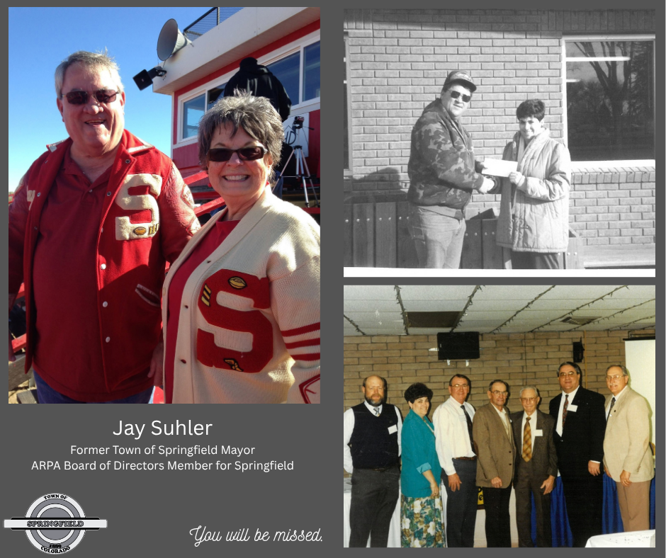 3 photo collage, with a grey background featuring pictures of Former Mayor Jay Suhler. The collage reads Jay Suhler Former Town of Springfield Mayor ARPA Board of Directors Member for Springfield You will be missed