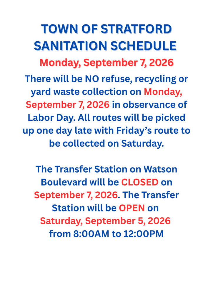 Town of Stratford Sanitation Schedule for Labor Day