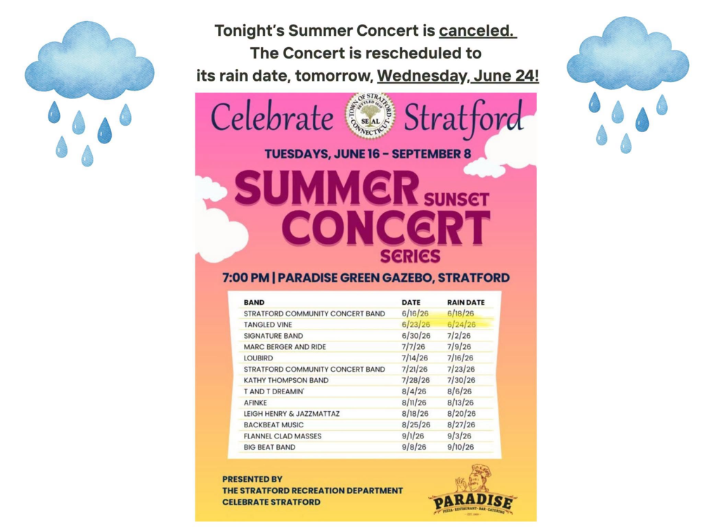 Sumemr Concert Cancelled and Rescheduled for tomorrow, June 24, 2026
