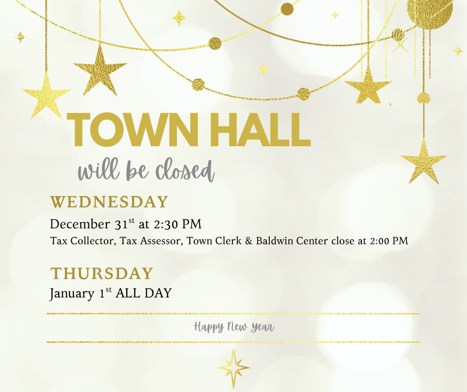 Town Hall will be closed on December 31 at 2:30PM and January 1 all day