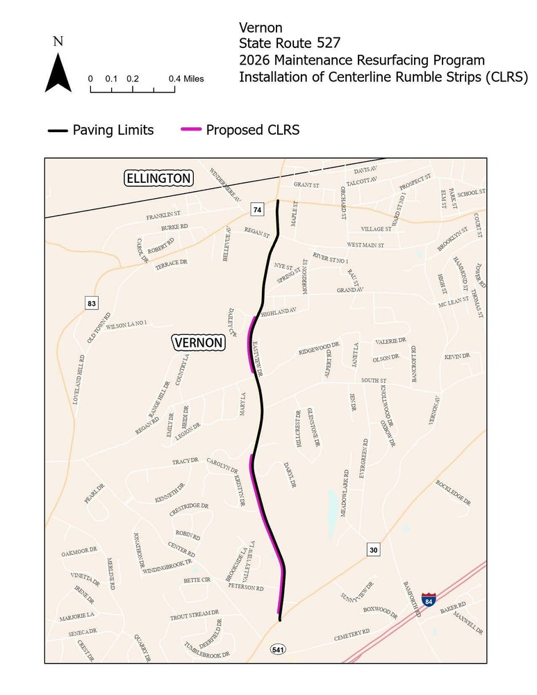 map of West Street with locations of planned centerline rumble strips