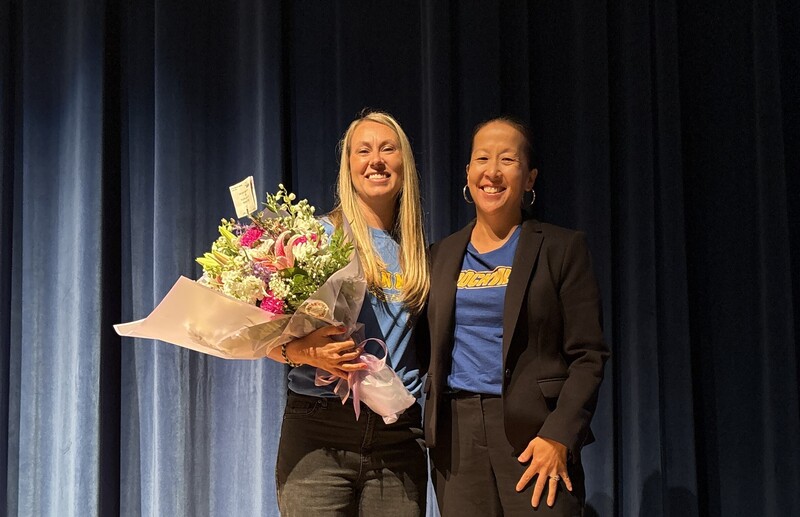 Vernon Teacher of the Year Kelly Stein, left, and Superintendent Jennifer Hills-Papetti.