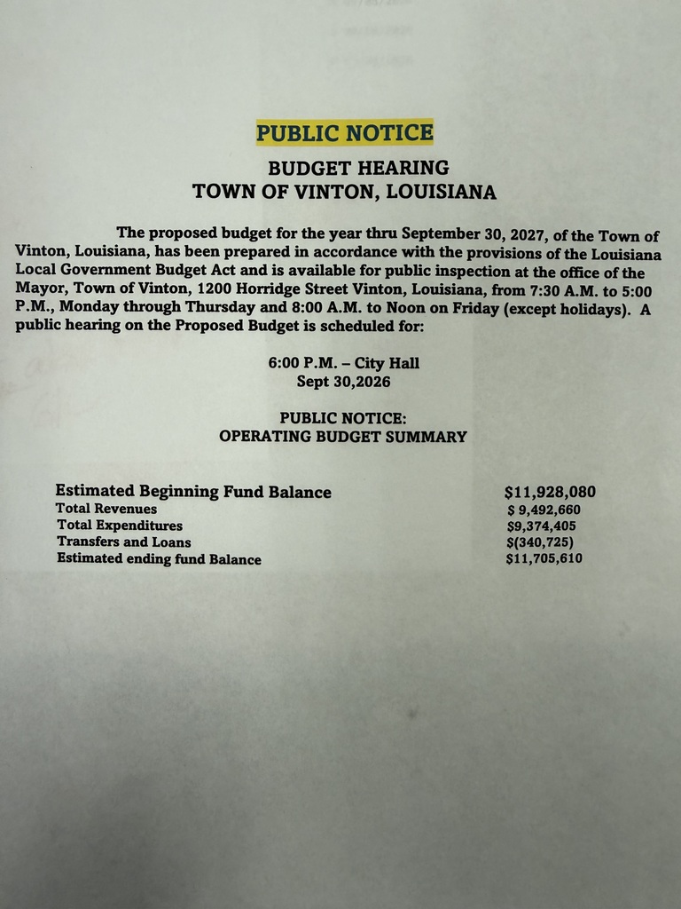 Public  Notice Budget Hearing September 30, 2026 