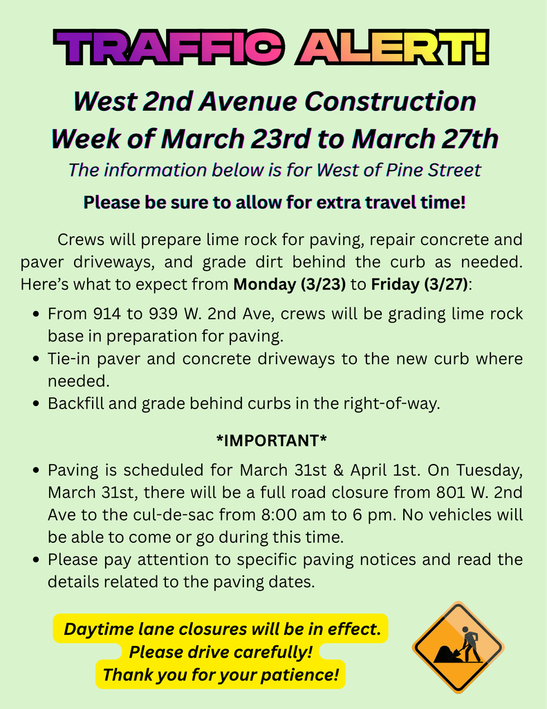 Traffic Alert on 2nd Avenue on the week of March 23 to March 27th. 