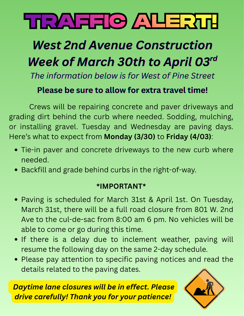 2nd Avenue  traffic alert for the week of March 30th to April 3rd. 