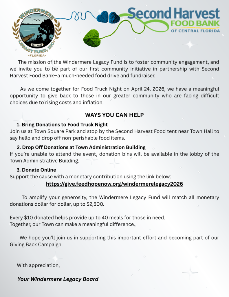 Legacy Fund letter on helping Second Harvest Food during April 24 Food Truck Night