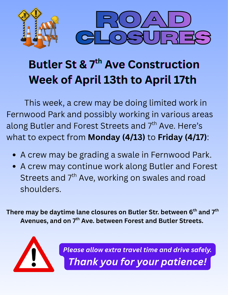 Traffica Alert Butler St. and 7th Ave. from April 13 to April 17