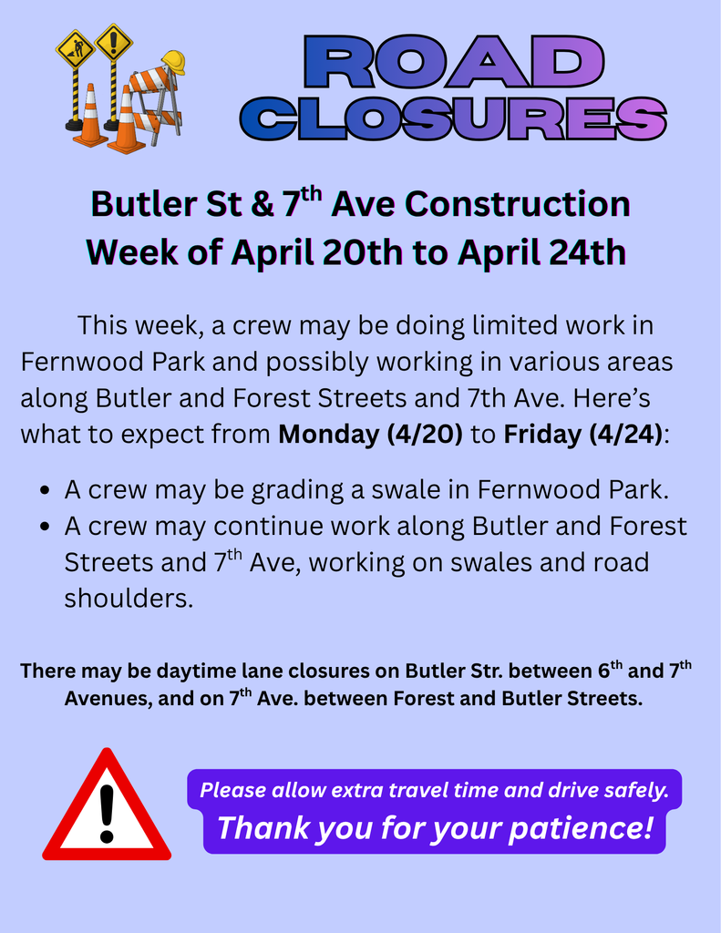 Butler St. & 7th traffic alert for the week of April 20 to April 24