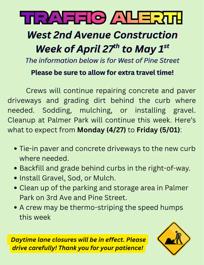 2nd Avenue  traffic alert for the week of April 27 to May 1st 