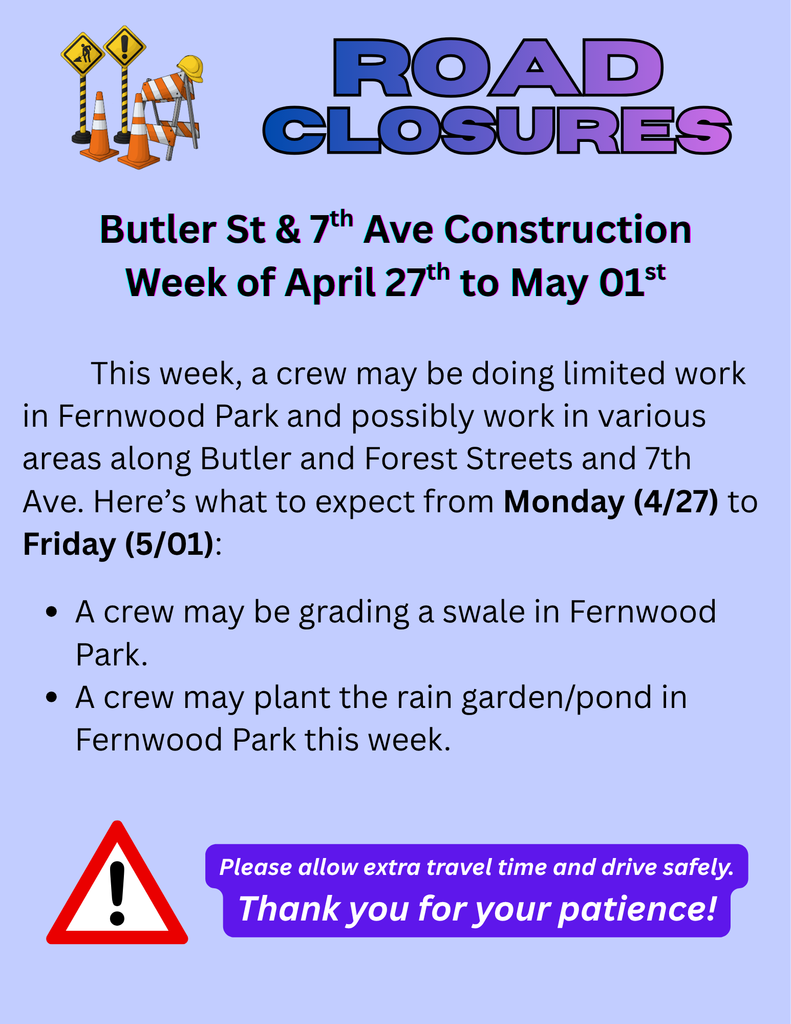 Butler St. & 7th traffic alert for the week of April 27 to May 01st 