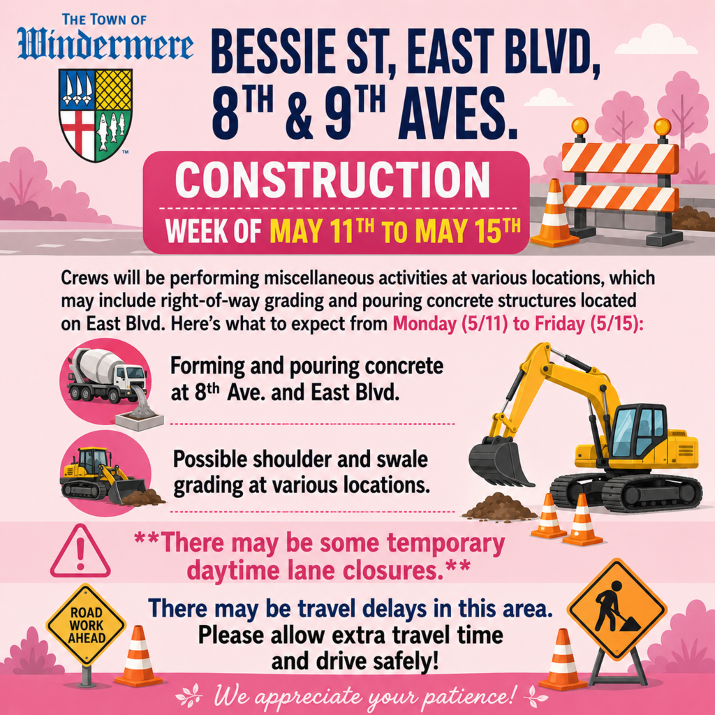 Bessie St, East Blvd, 8th and 9th Aves. Traffic Alert for the week of May 11 to May 15