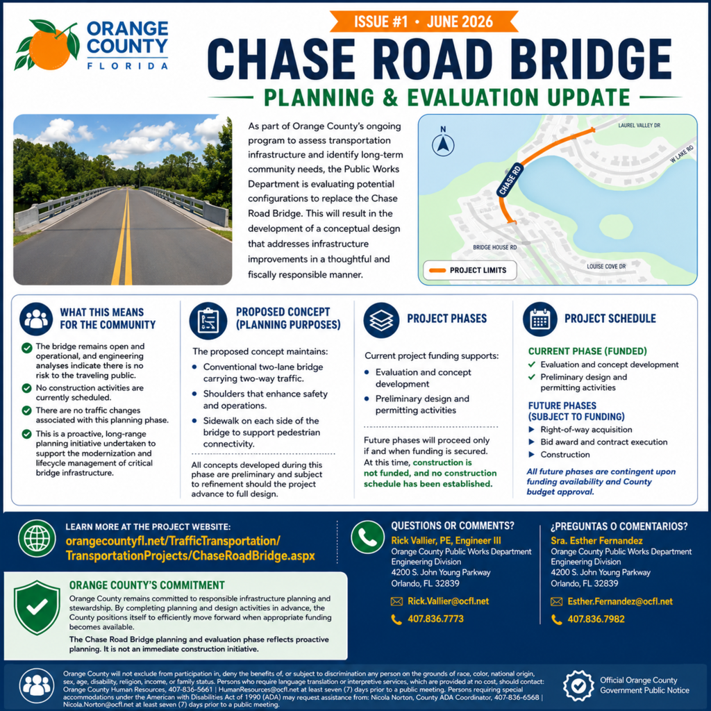 Orange County Florida update on Chase Road Bridge.