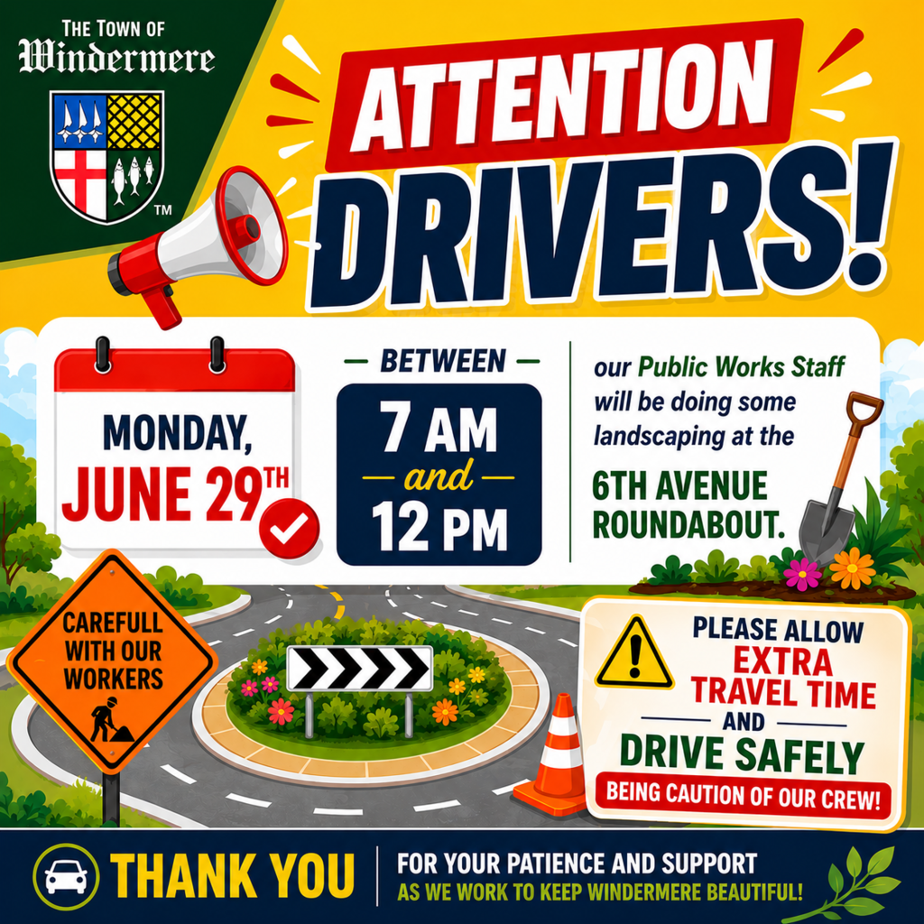 Public Works: Roundabout work on 6th Ave. June 29 from 7 AM to 12 PM.
