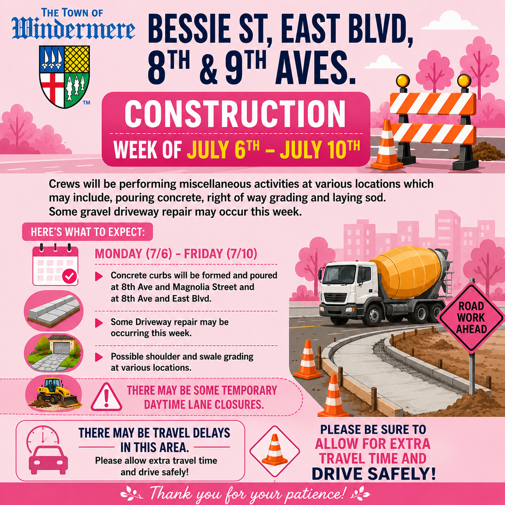 Bessie St, East Blvd, 8th and 9th Aves. Traffic Alert for the week of July 6 to July 10