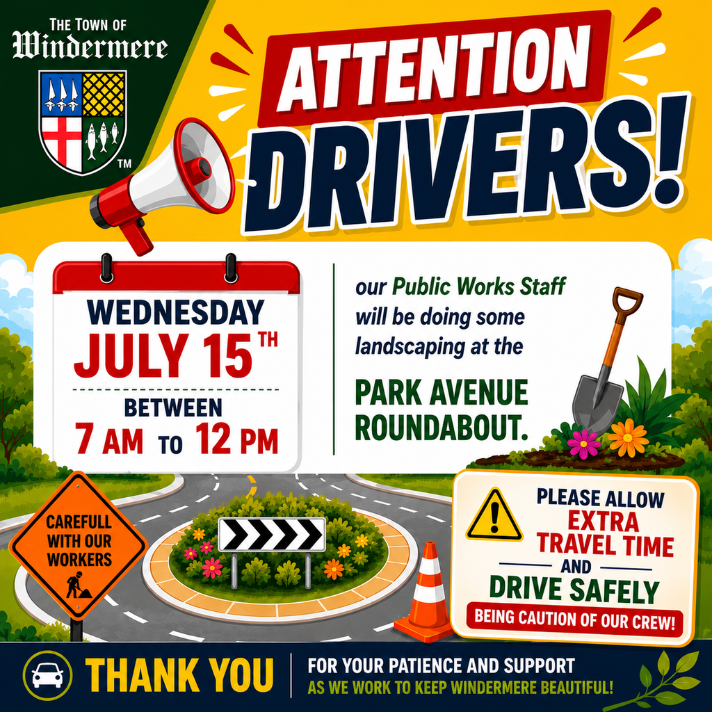 Public Works: Roundabout work on Park Ave. July 15 from 7 AM to 12 PM.