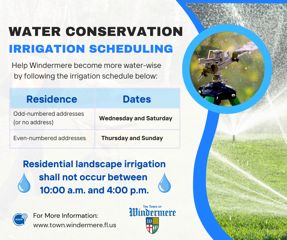 Irrigation Schedule flyer. Odd numbered addresses may water on Wednesday and Saturday. Even numbered addresses may water on Thursday and Sunday.