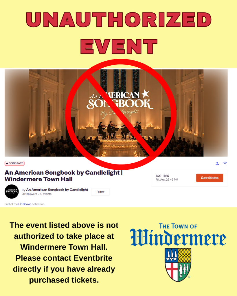 Unauthorized event warning for Windermere Town Hall.