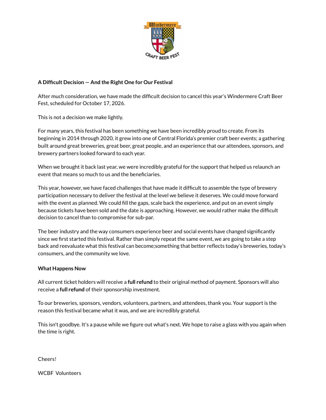 Windermere Beer Fest canceled, statement issued by event organizers.
