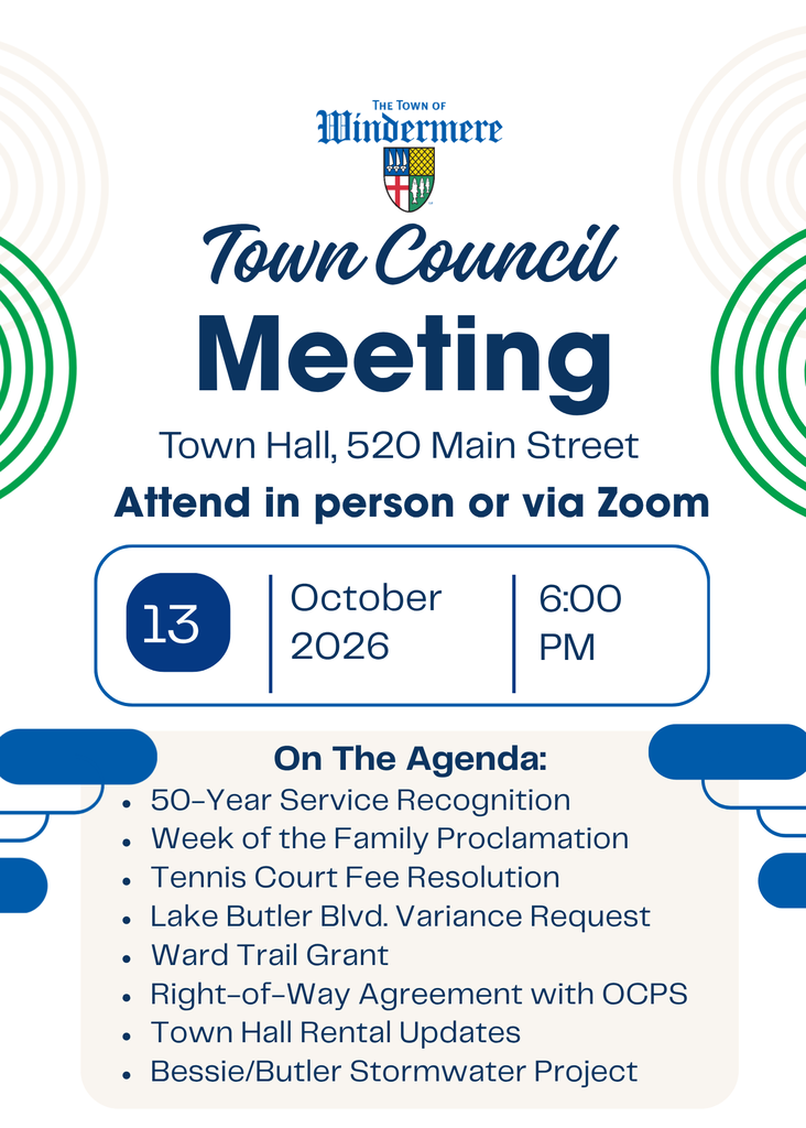 October 13th Windermere Town Council meeting happening tonight at 6 p.m. at Town Hall.