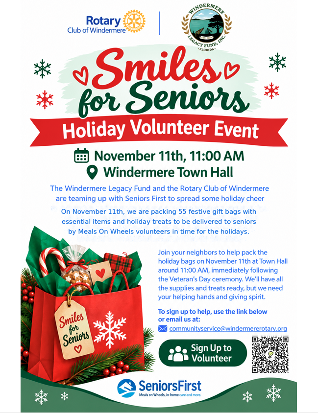 Smiles for Seniors volunteer event Wednesday, November 11th at 11 a.m.  at Town Hall