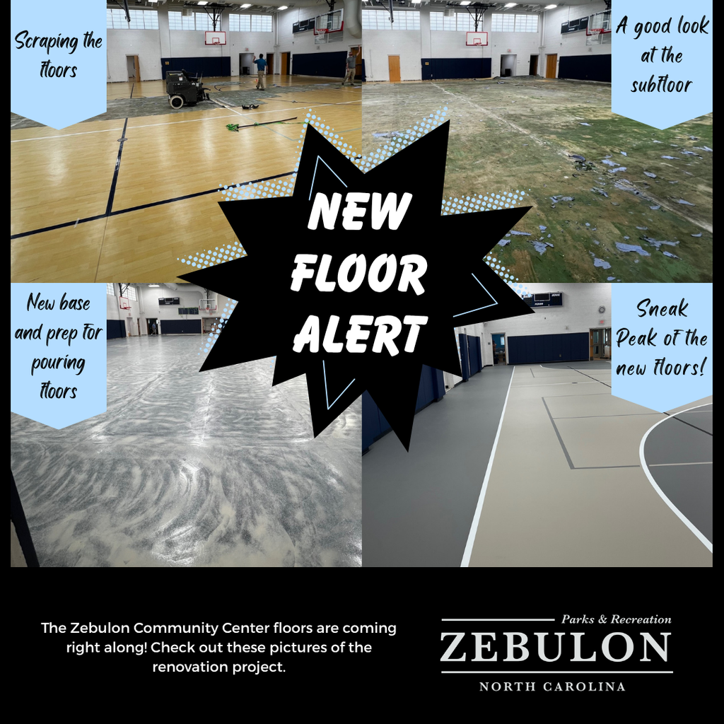four pictures of the gym floor during rennovations