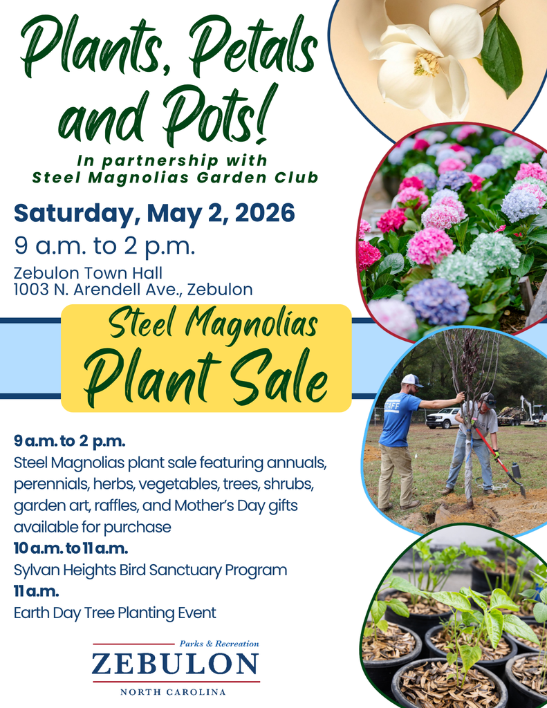 STILL HAPPENING SATURDAY, MAY 2 Rain or shine, we’re still growing together. Join us indoors at Town Hall for the Steel Magnolias Plant Sale. 9 a.m. to 2 p.m. Tree planting tomorrow at 10 a.m.