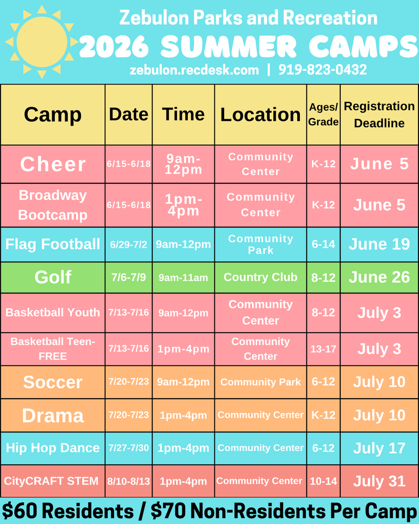 Chart of available summer camps.