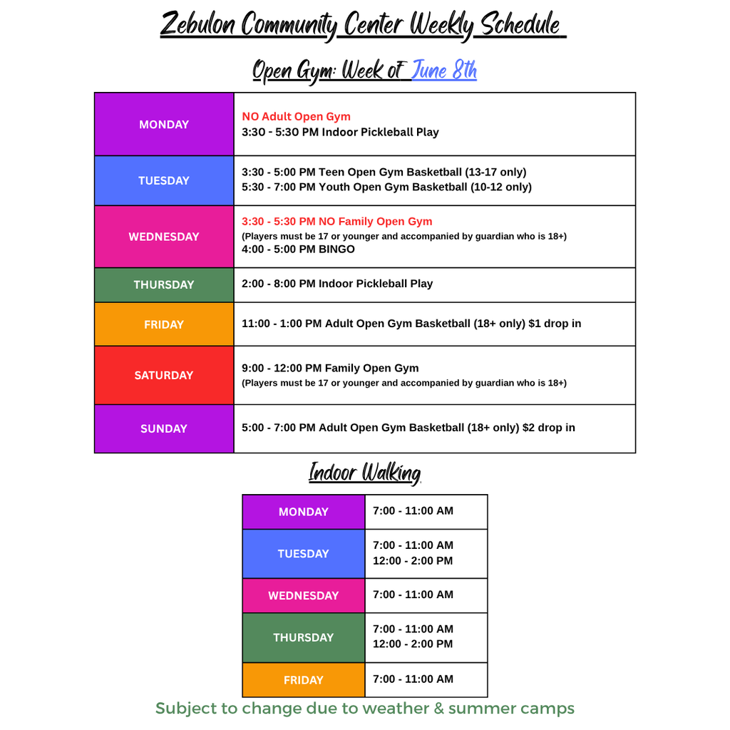 community center open gyms and walking schedule June 8-14