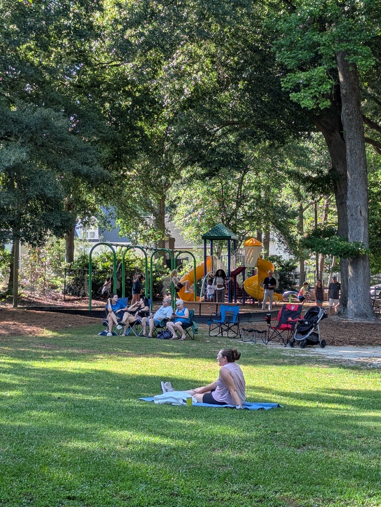 Attendees gathered on the lawn listening to live music while children play on the playground in the background.