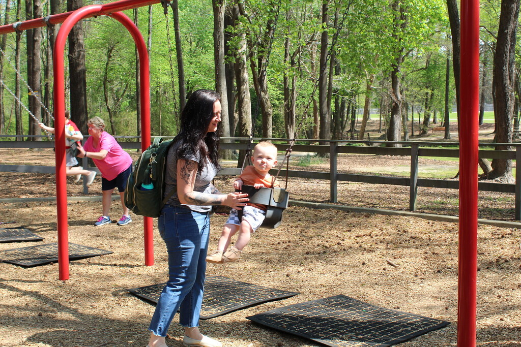 Mother pushing her baby on a swing