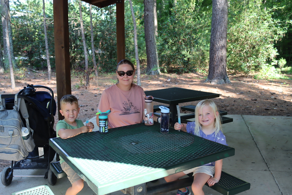 Mother and two children under picnic shelter