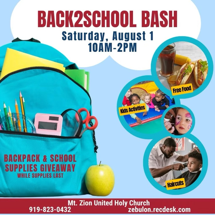 Join us August 1st, 2026 for our annual Back2School Bash at Mt. Zion United Holy Church. We will have activities, games, haircuts, food and more at the event from 10:00 A.M.-2:00 P.M.  This is while supplies lasts! 🎒✏️🏫📚📔✂️