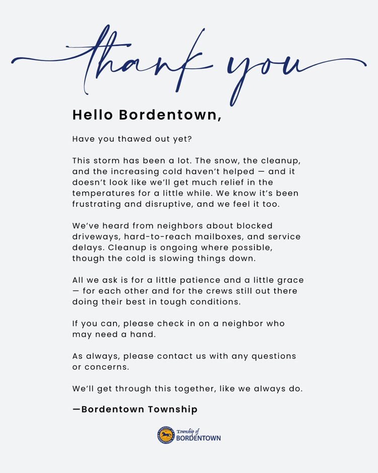 Thank you letter from Bordentown regarding the difficult weather circumstances