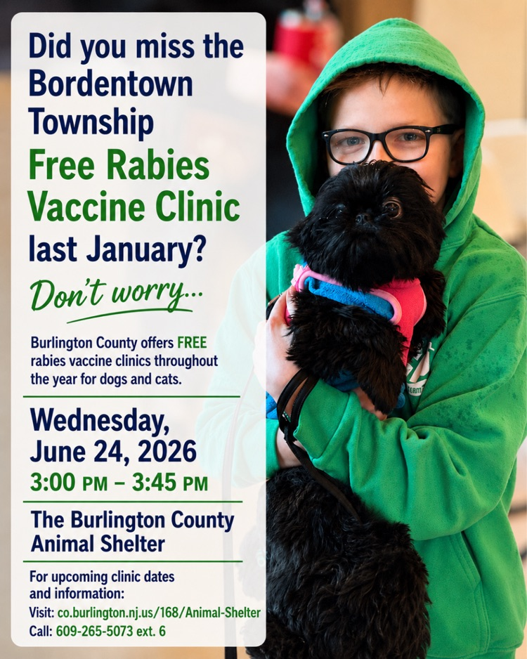 Free Rabies Clinic on 6/24 at the Burlington County Animal Shelter.