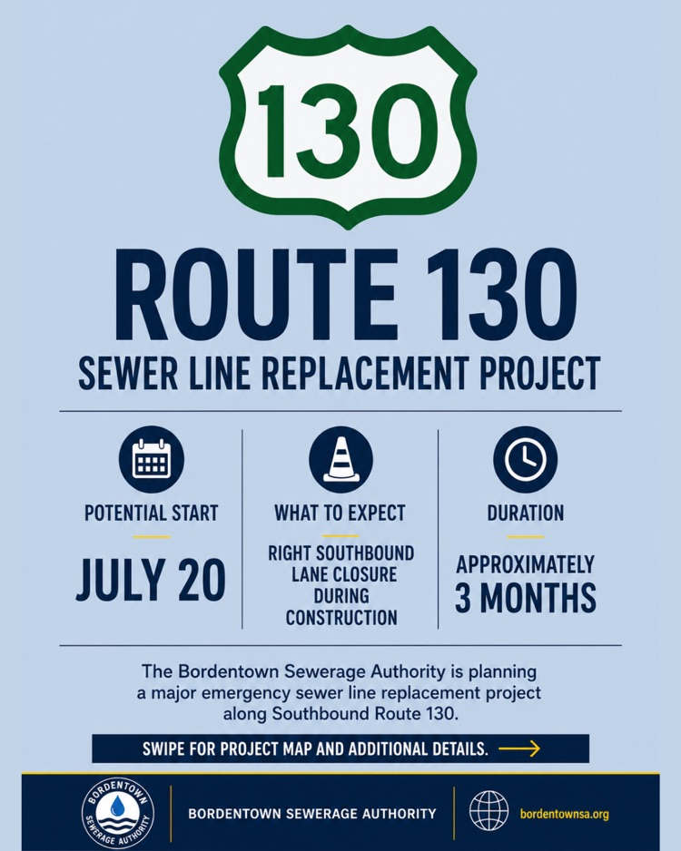 Route 130 Sewer Line Replacement. Right Southbound lane closure beginning around 7/20