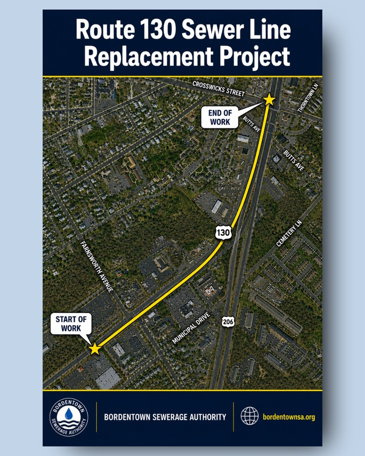 map of road closure on route 130 during sewer line replacement