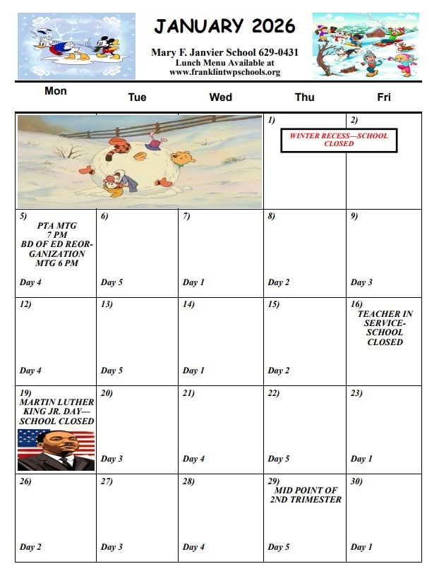 Janvier January 2026 Calendar