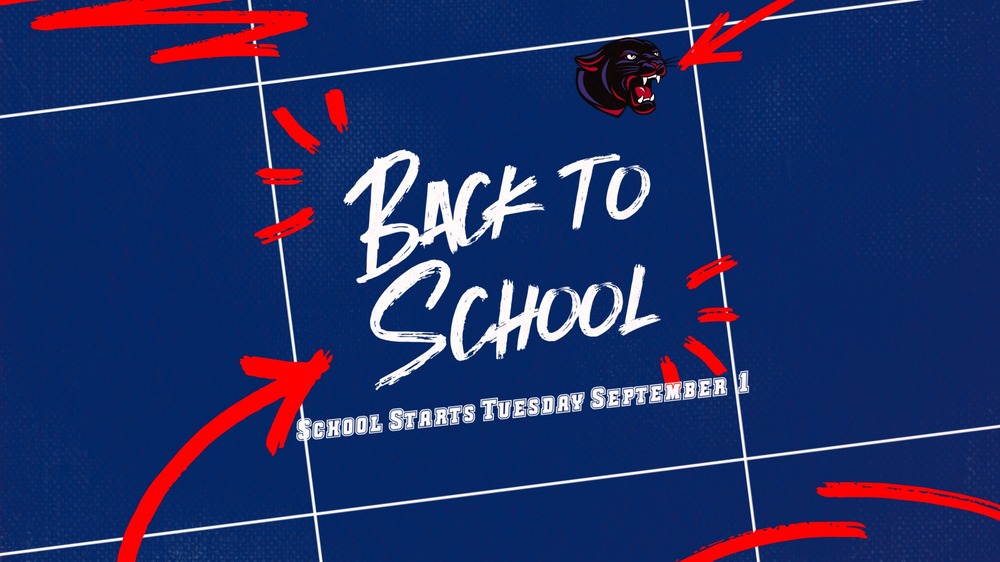 Blue background with white squares. Red pencil marks squiggled over the top. Text says Back to School. School Starts Tuesday September 1.