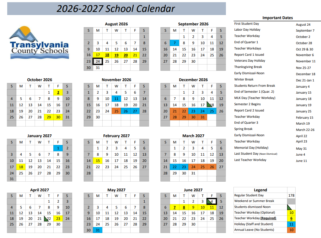 School Board Approves 2026-2027 Calendar | Transylvania ...