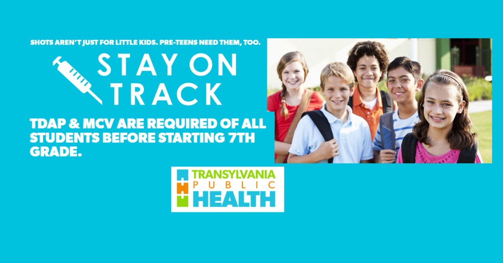 Text Stay on track sponsored by transylvania public health with 5 middle school students with backpacks in front of a school