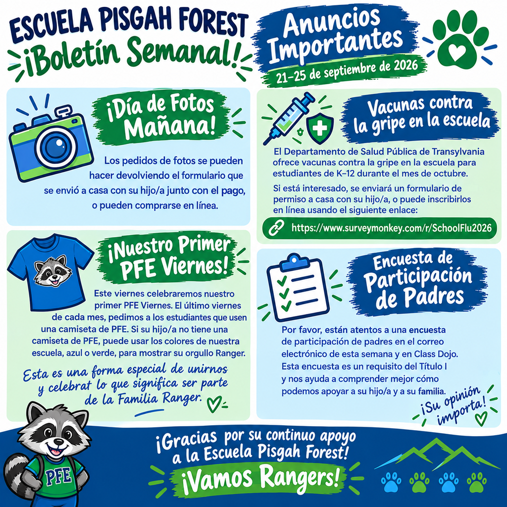 Anuncios semanales de la escuela primaria Pisgah Forest: del 21 al 25 de septiembre de 2026