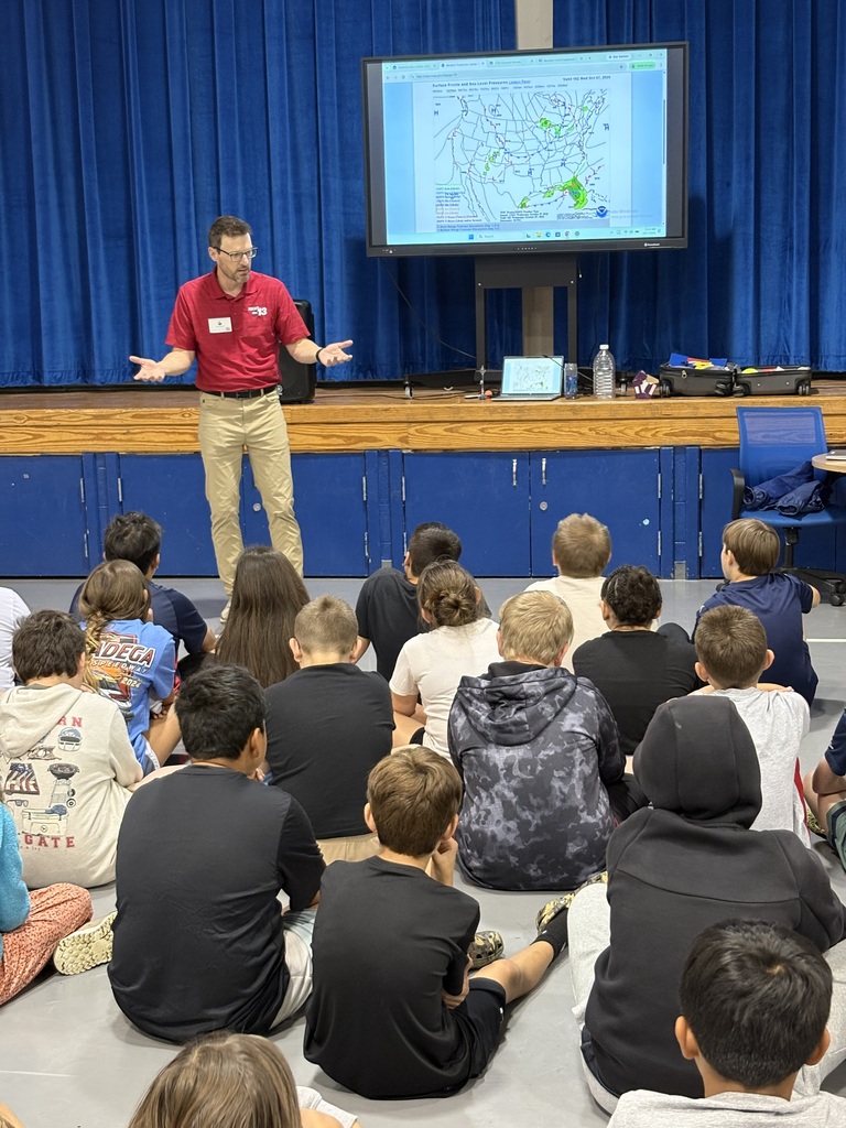 Jason Boyer presents on weather to the 5th grade students at PFE!