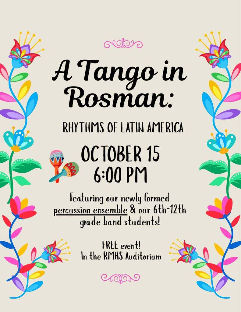 Decorative flyer for a tango in rosman themed band concert 