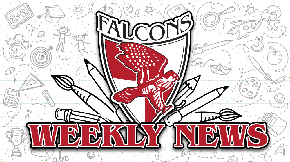 Falcons Weekly News crest with pens, pencils, and paintbrushes over a school-themed doodle background. 