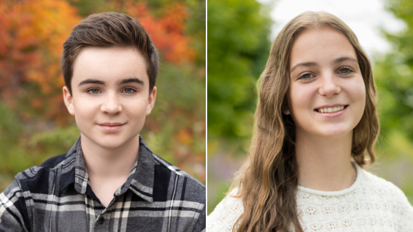 image of boy and girl headshots side by side with blurred tree backgrounds