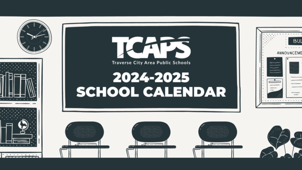 Image depicting TCAPS 2024-2025 school calendar writen on a chalkboard with desks in front of it.