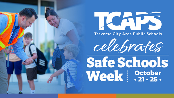 photo of young boy, walking with mother and interacting with crossing guard.  Words on picture say TCAPS celebrates safe schools week october 21-25