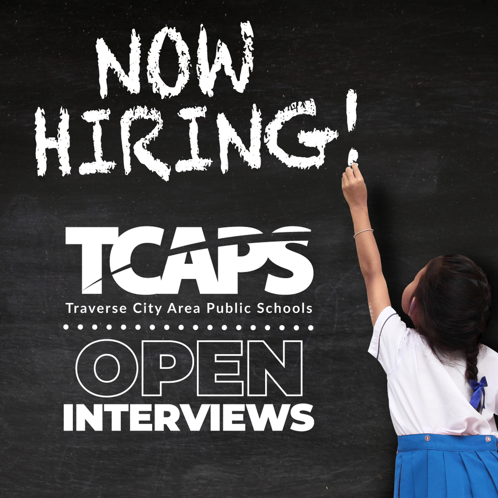 A chalkboard graphic showing a child's hand writing "NOW HIRING!" in chalk, with the TCAPS logo and "OPEN INTERVIEWS" below it.